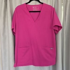 Figs Women's Short Sleeve V-Neck 2 Pocket Scrub Top in Bright Pink